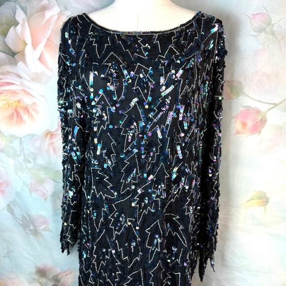 Vintage Saint Honore 100% Silk Beaded & Sequin Jagged Edge Midi Shift Dress - Picture 3 of 10